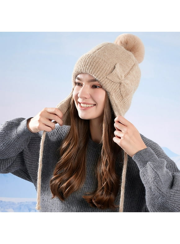 Womens Khaki Winter Knit Hat - Warm Soft Stretchy Nylon Spandex with Pom Pom, Bowknot & Ear Flaps for Daily/Outdoor Cold Weather,Size Free Size