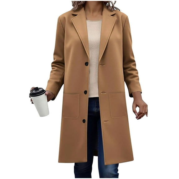SYMOID Womens Khaki Wool Blend Mid-Length Coat - Fall Winter Warm Single-Breasted Outerwear for Casual & Work,Size L