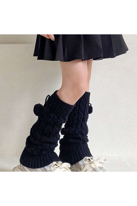 Womens Knitted Leg Warmers - Acrylic Oversized Slouchy Cable Knit with Pom Poms, Black Warm Non-Slip One Size Fits Most for Winter Casual Wear,Size 3-15T