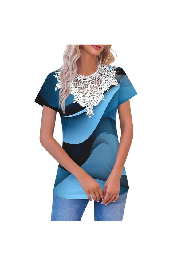 Womens Lace Collar Short Sleeve Top, Abstract Blue Wave Print Casual Blouse, Breathable Polyester Spandex, Relaxed Fit, Sizes S-XXXL,Size L
