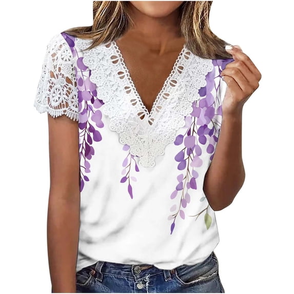 SYMOID Womens Lace Top V Neck Floral Print Short Sleeve Blouse Relaxed Fit Flowy Spring Summer Casual Shirt,Size L