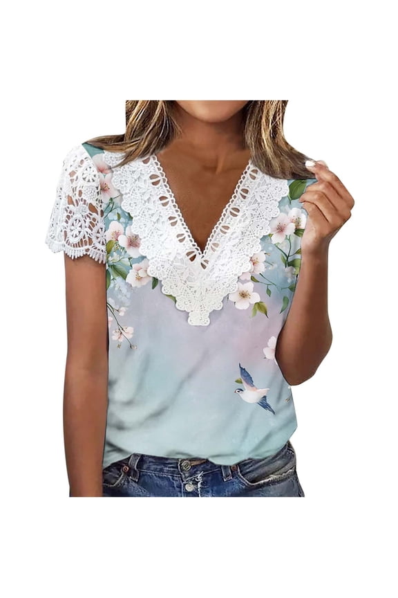 Womens Lace Trim Floral Bird Print V-Neck Blouse, Short Sleeve Stretchy Boho Top, Colorful Casual Tunic for Women,Size 2XL