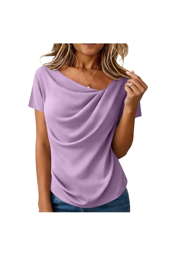 Womens Lavender Cowl Neck Top Short Sleeve, Asymmetric Ruched Shirt for Tummy Control, Work & Casual Blouse,Size M