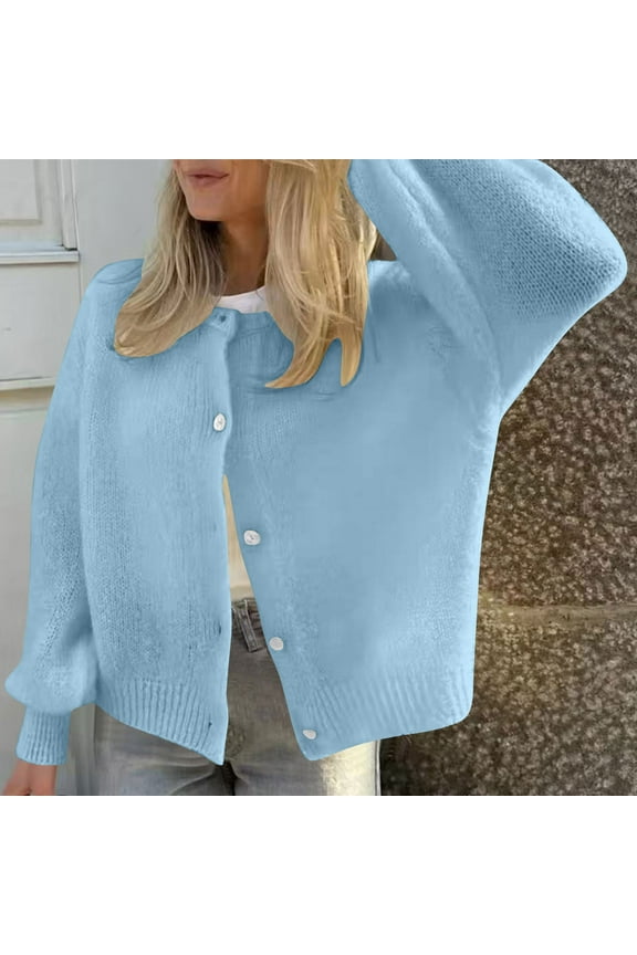 Womens Light Blue Acrylic Cardigan - Oversized Balloon Sleeves, Button-Front, Soft Relaxed Fit (S-XL),Size S