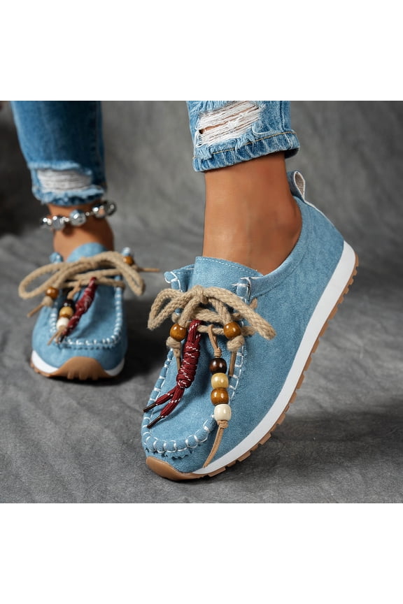 Womens Light Blue Bohemian Moccasins - Suede-Like Rope Lace Wooden Bead Shoes, Comfortable Flexible Non-Slip Boho Casual Footwear for Daily & Outdoor Wear,Size 39
