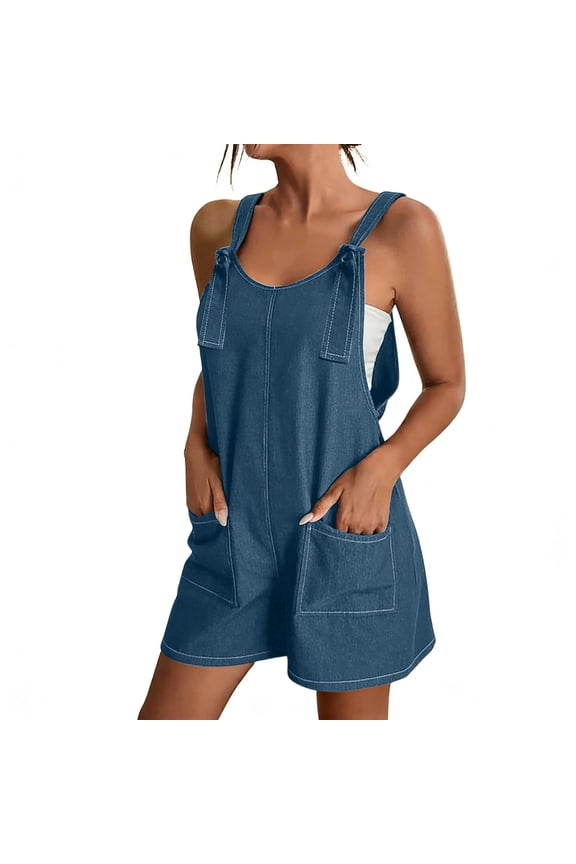 Womens Light Blue Denim Shortalls Relaxed Fit Adjustable Straps Sleeveless Jean Overalls with Pockets S-XXXL,Size 3XL