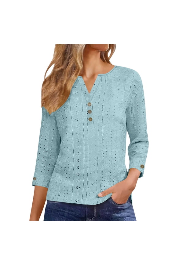 Womens Light Blue Eyelet Henley Top 3/4 Sleeve Button Down Blouse, Breathable Relaxed Fit Casual Shirt for Everyday,Size L