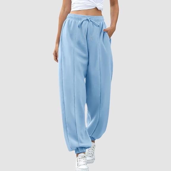 SYMOID Womens Light Blue High Waisted Jogger Pants 100% Polyester Elastic Drawstring Waist Cuffed Ankles Side Pockets,Size 2XL