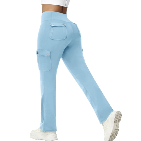 SYMOID Womens Light Blue High Waisted Stretchy Flared Cargo Pants - Multiple Pockets Retro Chic Casual Work Utility Pants,Size M