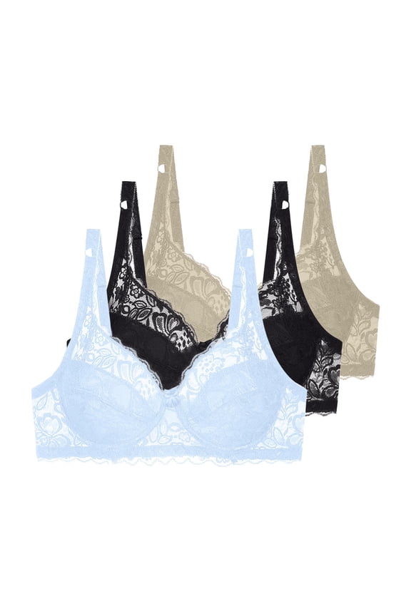 Womens Light Blue Lace Bra Set (3 Pack) - Ultra-Soft Polyester Spandex, Adjustable Straps, Wide Side Wings, 34B-40C Sizes for Daily & Layering Wear,Size 80C