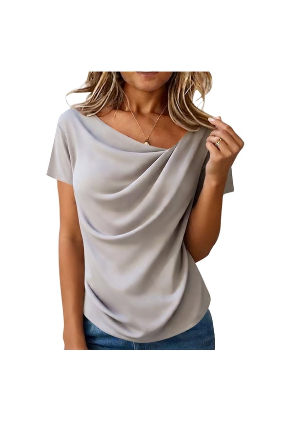 Womens Light Gray Cowl Neck Top Short Sleeve, Slim Fit Ruched Blouse for Tummy Control, Office & Casual Wear,Size L