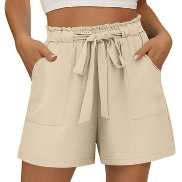 SYMOID Womens Lightweight Polyester Summer Shorts - High Waist Elastic Drawstring, Casual & Travel-Friendly, S-2XL,Beige,Size L