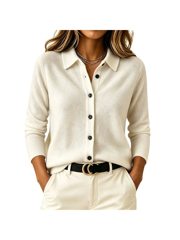 Womens Lightweight White Long Sleeve Knit Cardigan, Button Front Collared Relaxed Fit,Size M
