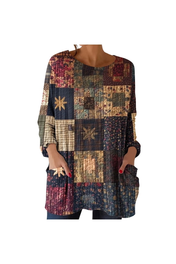 Womens Long Sleeve Boho Tunic Top with Pockets, Patchwork Quilted Vintage Blouse, Soft Stretch Wrinkle-Resistant Casual Shirt for Women,Size 2XL