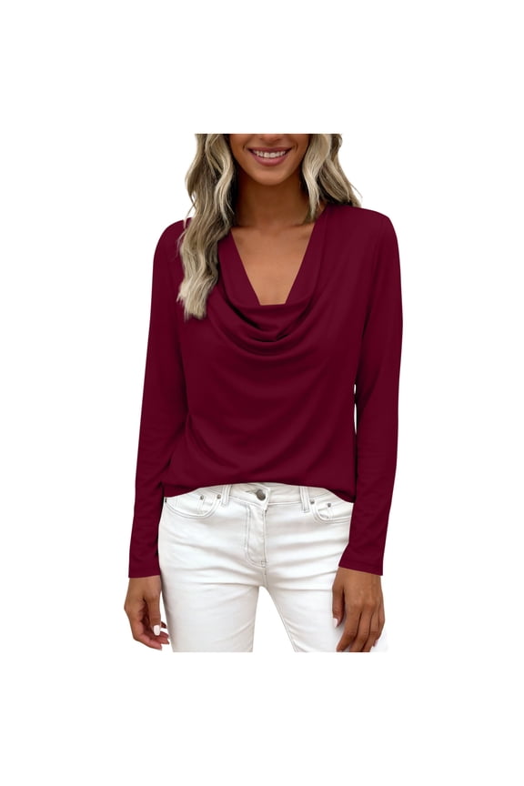 Womens Long Sleeve Drape Neck Top, Cowl Neck Blouse Soft Stretch, Everyday Basic & Work Shirt for Women, Wine,Size S