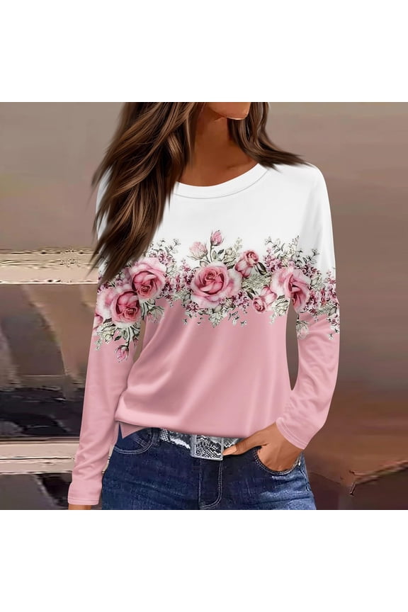 Womens Long Sleeve Floral Top - Pink & White Color Block, Rose Print, Stretchy Soft Casual Blouse for Daily Wear, S-XXL,Size L