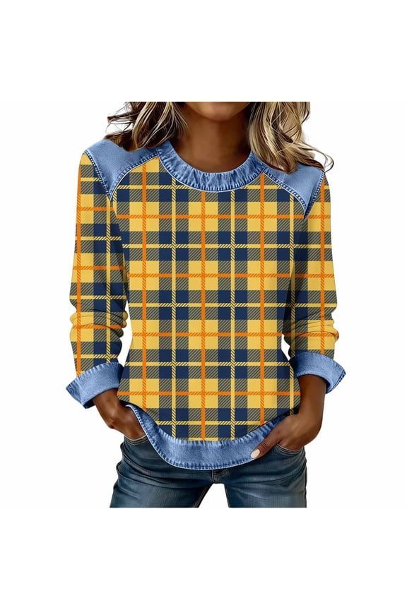 Womens Long Sleeve Plaid Flannel Shirt with Denim Trim, Raglan Sleeve Casual Top, Yellow Checkered Blouse, Easy Care Womens Tops,Size L