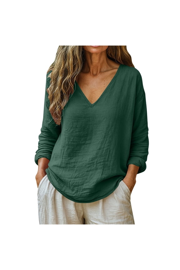 Womens Loose Fit Blouse | Oversized V-Neck Long Sleeve Top in Breathable Linen Blend, Casual Tunic Shirt for Women Green,Size 2XL