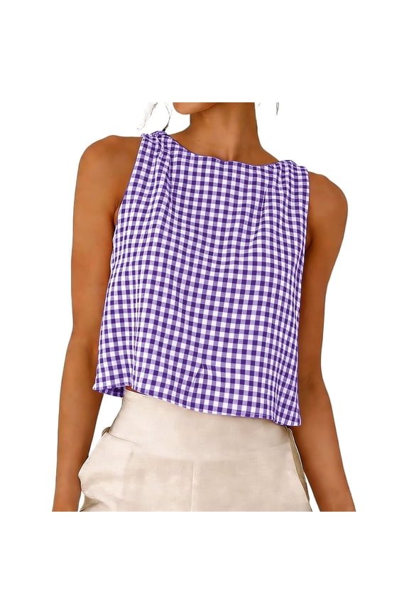 Womens Loose Fit Purple Gingham Tank Top - 100% Cotton Sleeveless Reversible Crop Top with Boat Neck & Button Back,Size S