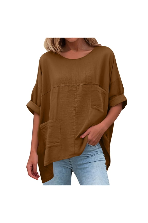 Womens Loose Fit Tunic Top with Pockets | 100% Cotton Oversized Casual Shirt | Brown Short Sleeve Blouse with Curved Hem,Size S