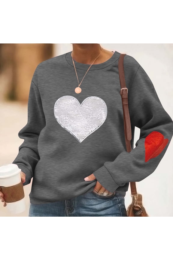 SYMOID Womens Loose Sequin Heart Crewneck Sweatshirt - 100% Polyester Pullover with Red Heart Elbow Patches, Dark Gray, Sizes S-XXL,Size S