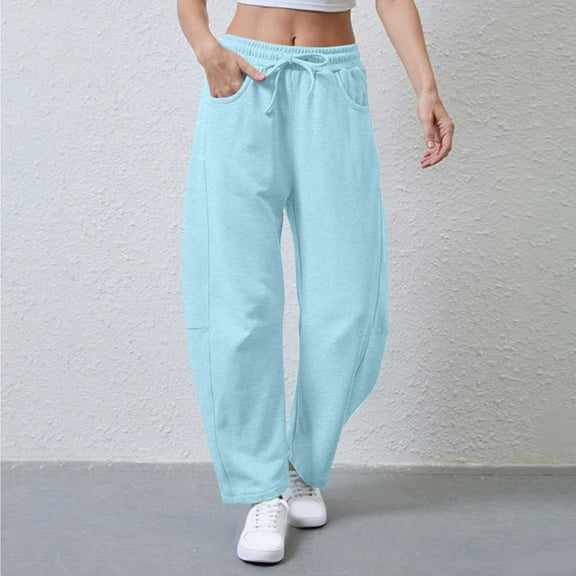 SYMOID Womens Loose Wide Leg Casual Pants with Drawstring Elastic Waist, Side Pockets - Polyester Spandex Blend, Blue,Size 2XL