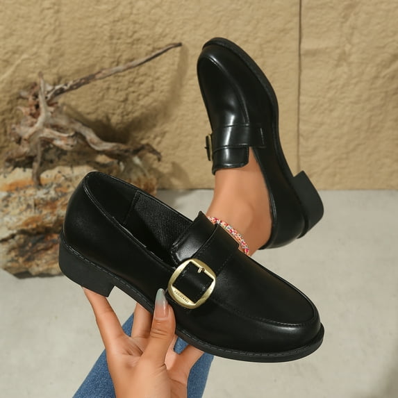 SYMOID Womens Low Block Heel Loafers - Gold Buckle Comfortable Pu Faux Leather Wide Size Us 5-11 Black Loafers for Women, Versatile for Work Commute & Daily Wear,Size 43