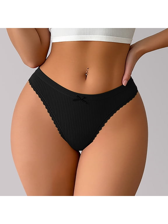 Womens Low Rise Thong Panties with Lace Trim, Ribbed Stretch Underwear, Soft Everyday Wear, 1-Piece Pack,Size S