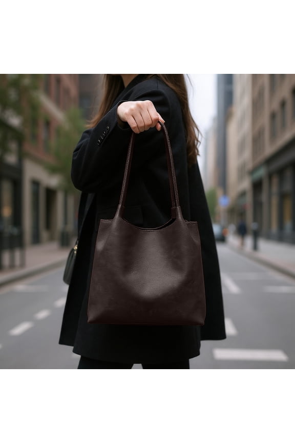 Womens Minimalist Shoulder Tote Bag - Polyester Lightweight, Spacious for Work/Sch-ool, Black/Brown