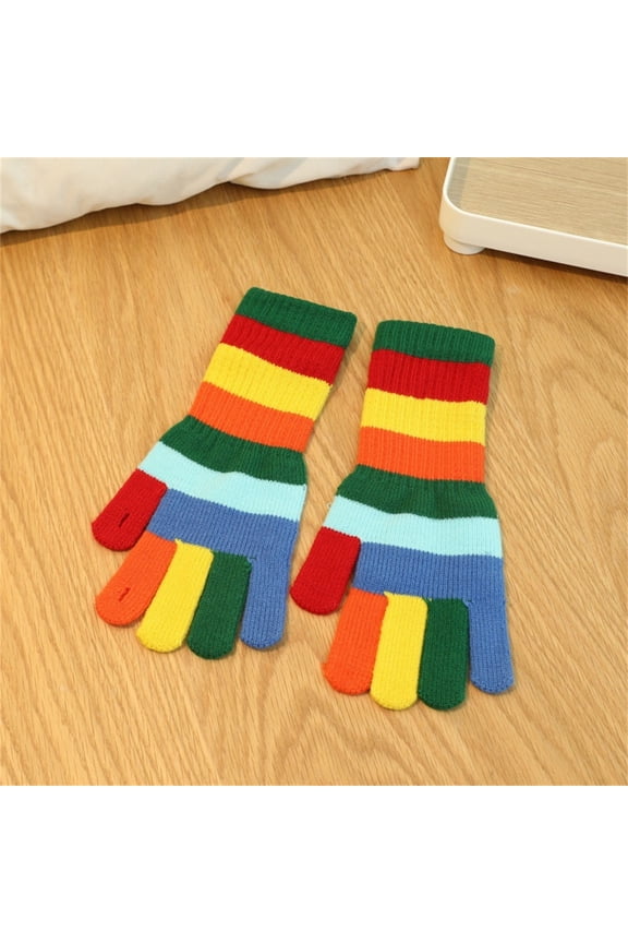 Womens Multicolor Rainbow Striped Acrylic Knitted Gloves - Warm Free Size Winter Gloves for Cold Weather, Soft Finger-Separated Design,Size Free Size