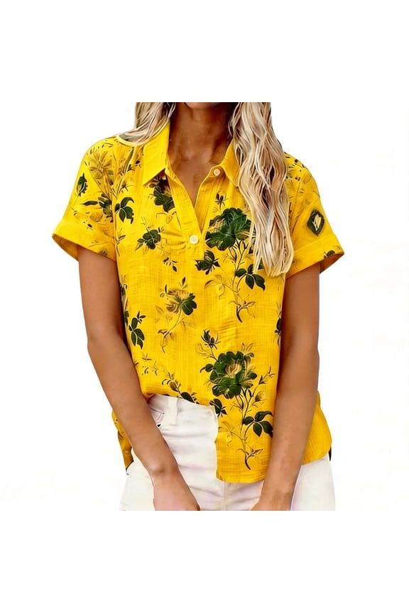 Womens Mustard Yellow Floral Blouse Short Sleeve V Neck Button Down Shirt Casual Boho Summer Top Vintage Vacation Tops Asymmetrical Hem,Size L