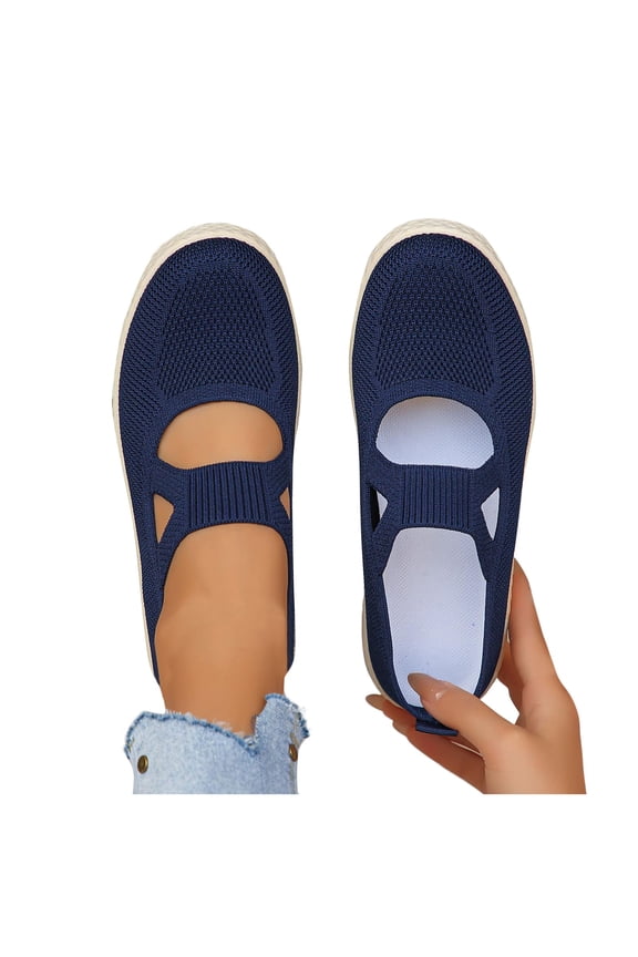 Womens Navy Mesh Mary Jane Casual Shoes - Flexible Breathable Slip-on Flats with Cushioned Sole for Daily Wear, Shopping & Light Outdoor Activities,Size 37