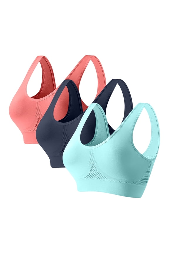 Womens Navy Sports Bras 3 Pack - 100% Polyester Seamless Racerback, Supportive Breathable for Yoga Running Gym Daily Wear, Size S-XXXXXL,Size 2XL