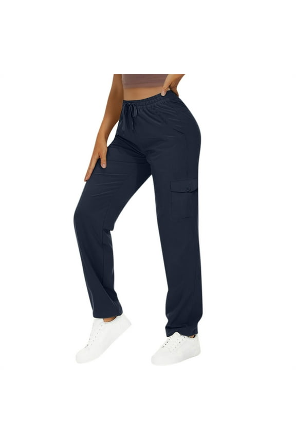 Womens Navy Stretchy Cargo Pants - Elastic Drawstring Waist, Nylon Spandex Blend - Multi-Pocket Relaxed Fit Utility Pants for Daily/Work,Size L