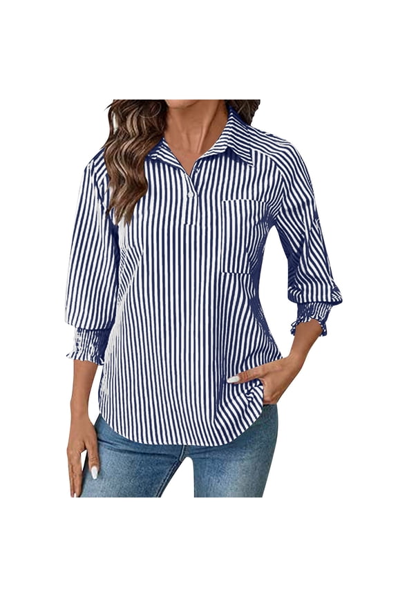Womens Navy Striped Shirt, 3/4 Sleeve Tunic Top with Ruffle Cuff, Relaxed Fit Blouse in Wrinkle Resistant Polyester Spandex for Women,Size M