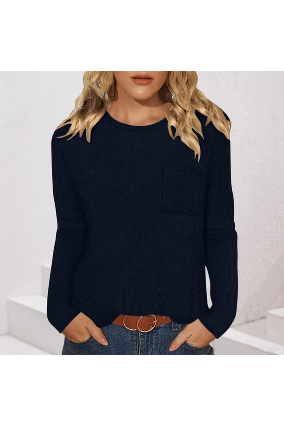 Womens Navy Waffle Knit Long Sleeve Top - Crew Neck Stretchy Relaxed Fit with Chest Pocket, Casual Daily/Layering Wear (S-XXL),Size S