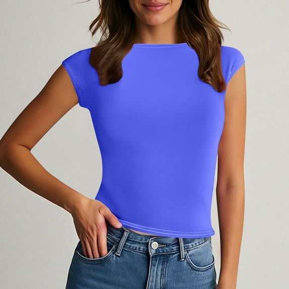 SYMOID Womens New Round Neck Backless Solid Color Close - fitting Casual T - shirt for Home Wear,Blue,Size S
