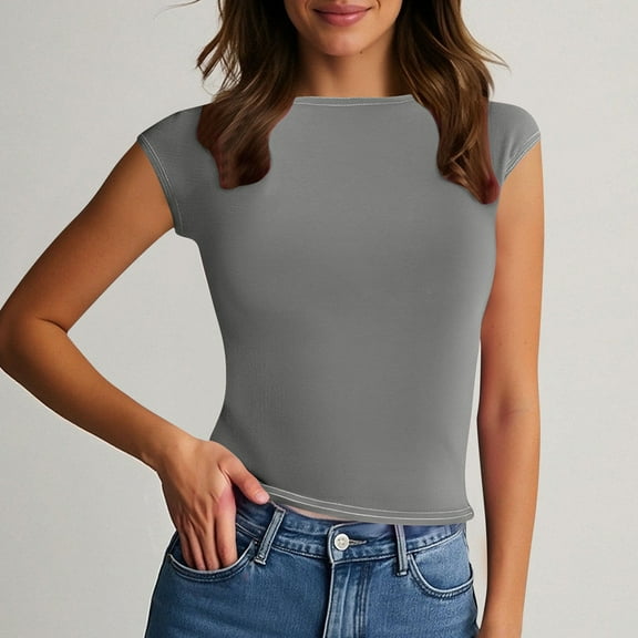 SYMOID Womens New Round Neck Backless Solid Color Close - fitting Casual T - shirt for Home Wear,Dark Gray,Size M