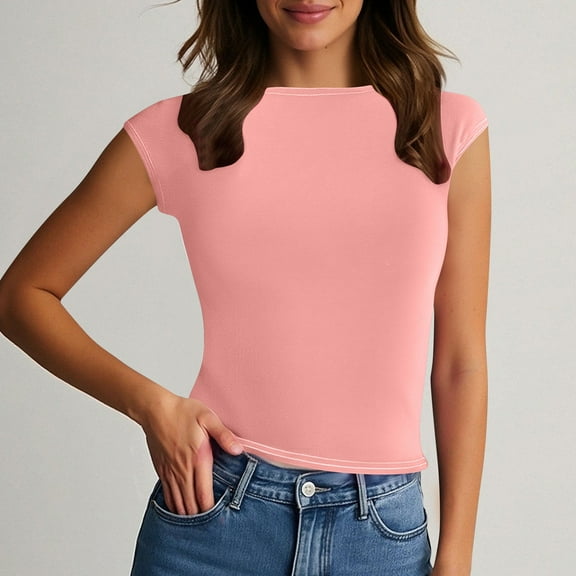 SYMOID Womens New Round Neck Backless Solid Color Close - fitting Casual T - shirt for Home Wear,Pink,Size S