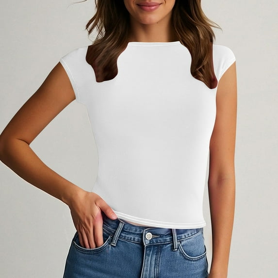 SYMOID Womens New Round Neck Backless Solid Color Close - fitting Casual T - shirt for Home Wear,White,Size L