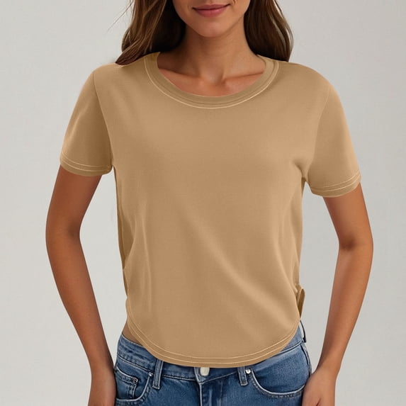 SYMOID Womens New Round Neck Short Sleeve Solid Color Casual T - shirt for Misses,Khaki,Size M