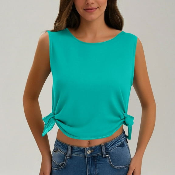 SYMOID Womens New Solid Color Round Neck Sleeveless Casual T - shirt with Tie for Misses,Blue,Size Free Size