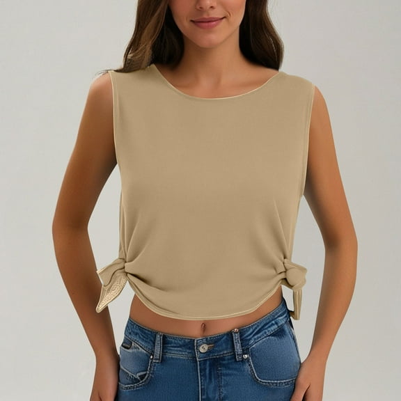 SYMOID Womens New Solid Color Round Neck Sleeveless Casual T - shirt with Tie for Misses,Khaki,Size Free Size