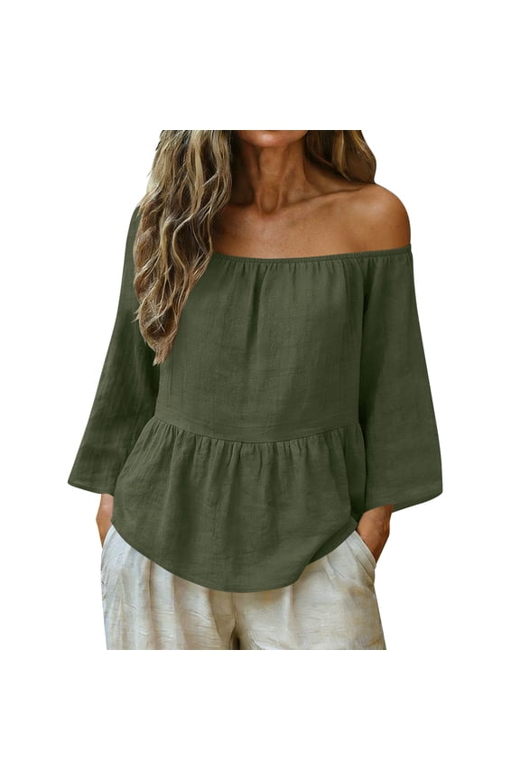 Womens Off Shoulder Peplum Top with Flared Sleeves, Army Green Casual Loose Fit Blouse Boho Tunic,Size M