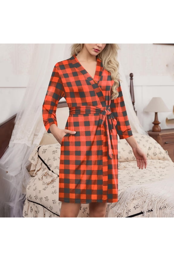 Womens Orange Buffalo Plaid Robe - Poly-Cotton, Tie Waist, Long Sleeve Knee-Length, S-XXL,Size S