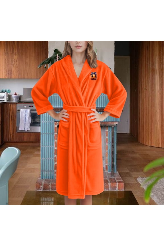 Womens Orange Hall-oween Bathrobe - 100% Polyester Ultra-Soft, Pumpkin Graphic, Wrap Style with Pockets, M-XXXL Knee-Length Cozy Womens Home Loungewear,Size M