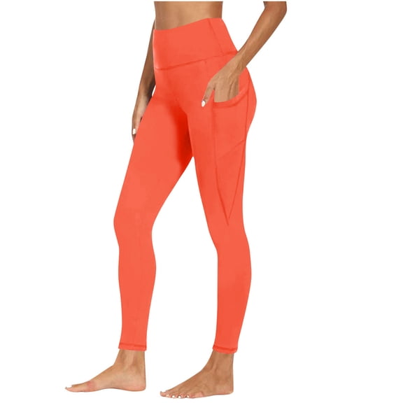 SYMOID Womens Orange High Waisted Leggings with Side Pockets - Polyester Spandex, Tummy Control, Full Length, Durable & Stretchable for Workout & Casual Use,Size L