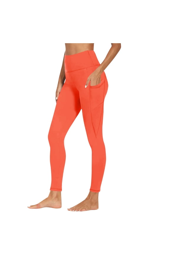 Womens Orange High Waisted Leggings with Side Pockets - Polyester Spandex, Tummy Control, Full Length, Durable & Stretchable for Workout & Casual Use,Size M
