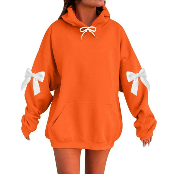 SYMOID Womens Orange Oversized Hoodie with Bow Accents - Hoodie Dress Style, Cozy Polyester, Kangaroo Pocket & Inclusive Sizing (S-XXXXXL),Size L