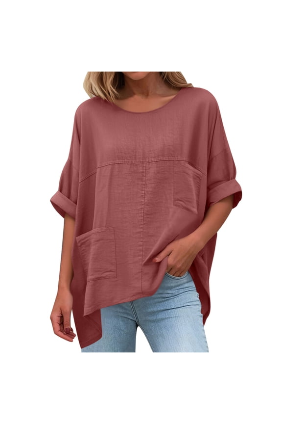 Womens Oversized Tunic Top 100% Cotton | Loose Fit Casual Shirt with Pockets | Red Short Sleeve Blouse with Curved Hem,Size XL